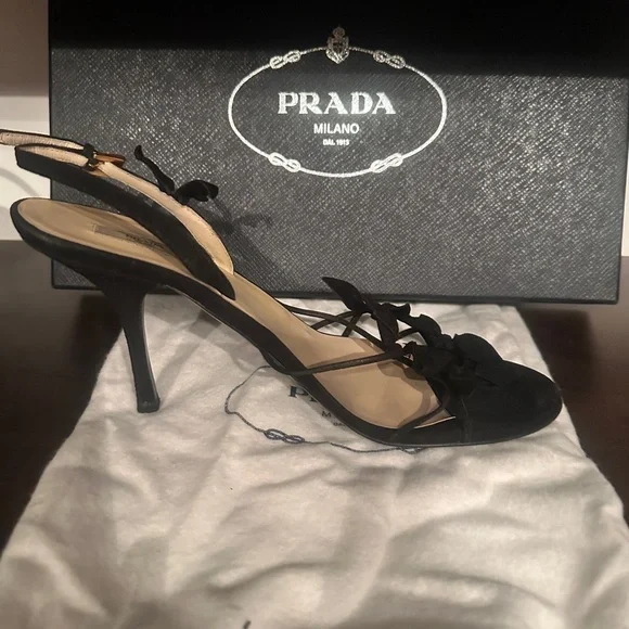 Prada Calzature Donna Camoscio Foglia Black Strappy Heels - Picture 9 of 15